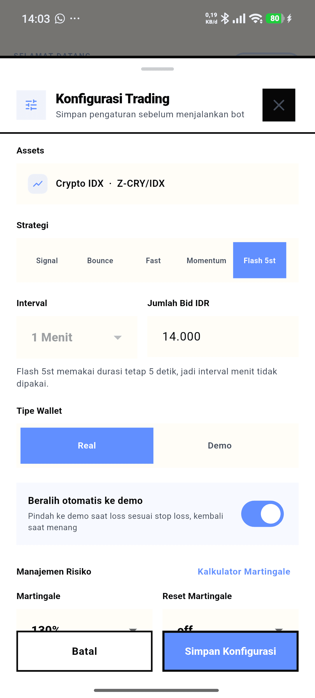 Sheet Konfigurasi Trading dengan pilihan aset, strategi, interval, jumlah bid dan tipe wallet