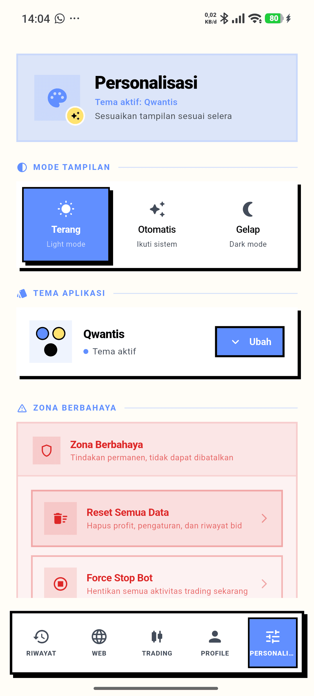 Layar Personalisasi Qwantis dengan mode tampilan, tema aplikasi dan zona berbahaya