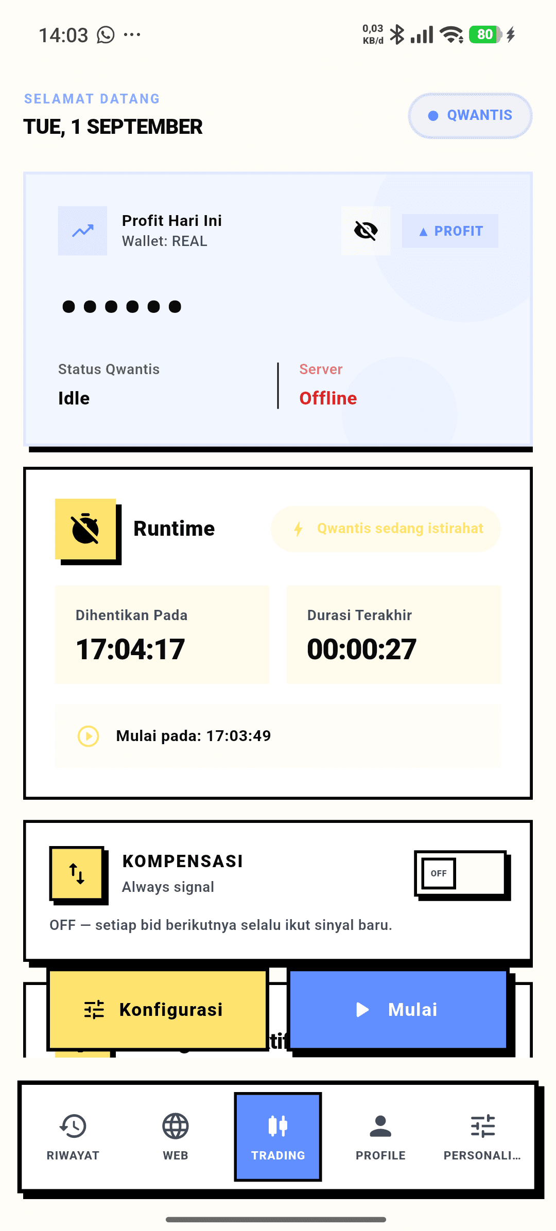 Layar Trading Qwantis dengan kartu profit harian, runtime bot dan tombol Mulai